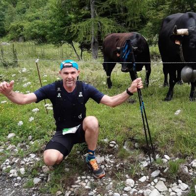 Lionel à la rencontre des vaches Alpines (pdt la course)